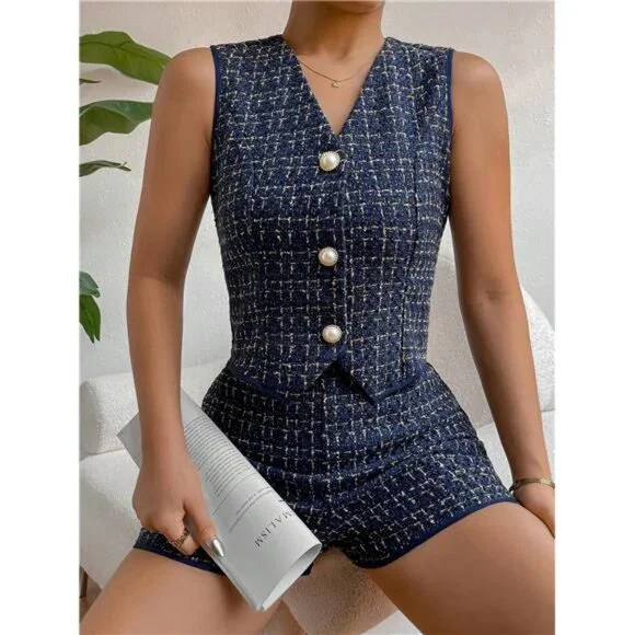 Plaid Print Button Front Vest Blazer & Shorts